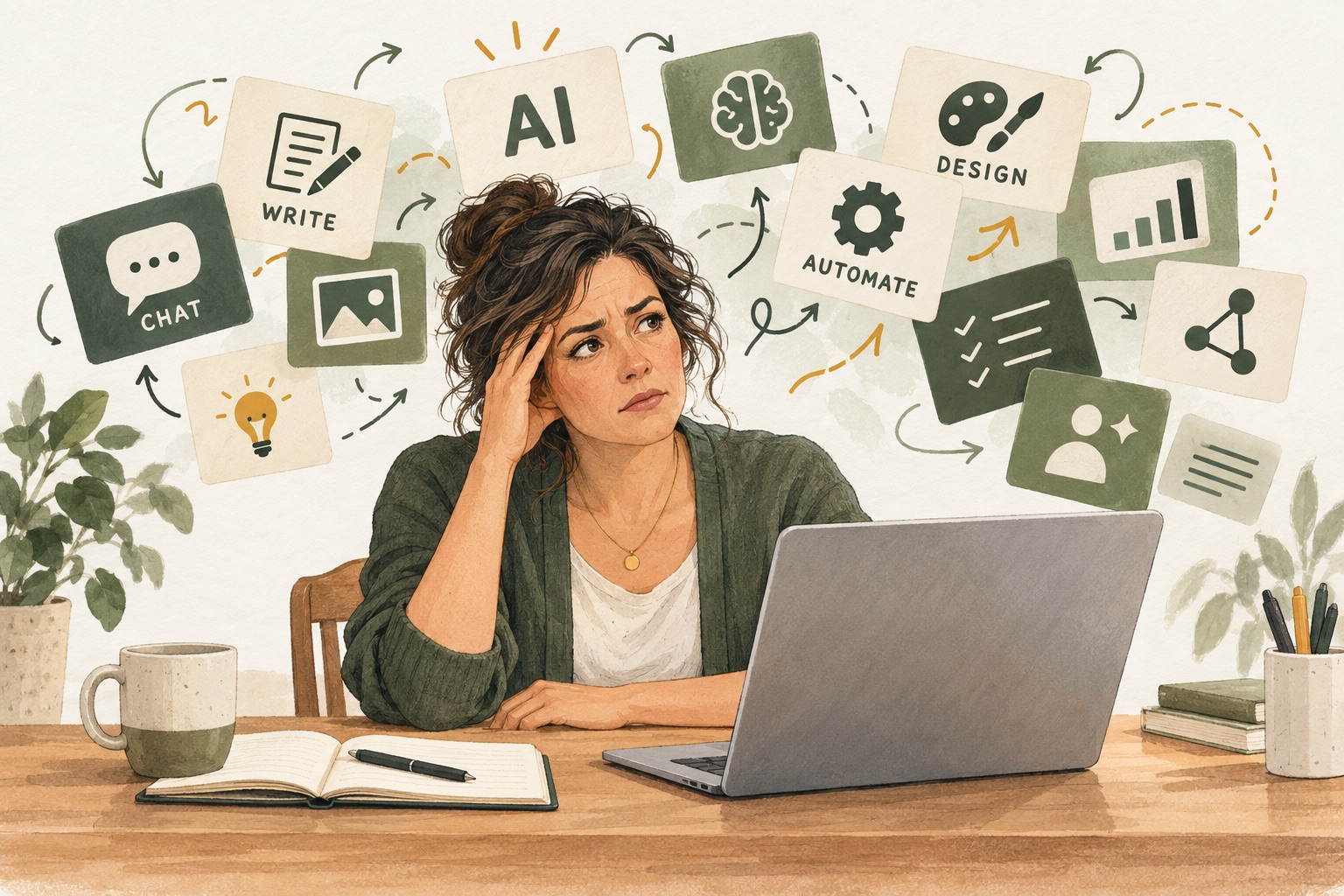 Illustration of a small business owner at her laptop, looking overwhelmed by floating cards labelled AI, write, chat, design, automate and more.